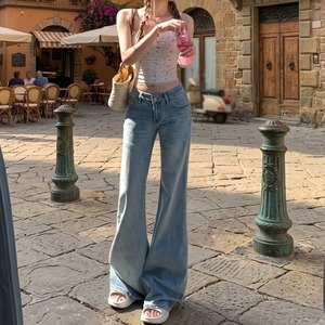 デニムパンツ ボトムス レディース フレアパンツ シャンパー ロング丈 ストレート 前開き デニム きれいめ シンプル カジュアル 大人 おしゃれ レトロ 大人女子 とろみ感 春 夏 秋 冬 デート お出かけ 休日 アウトドア イベント リゾート 旅行 普段使い 韓国 スタイル 脚長 送料無料 XS S M L XL ブルー