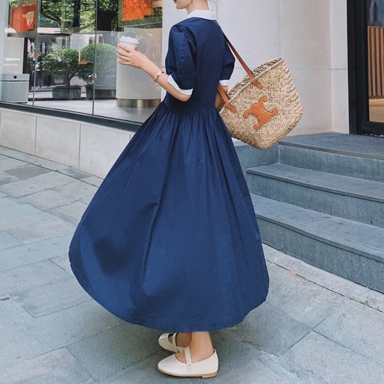 ホワイトカラーフレアワンピース】ロング 半袖 ボリュームスリーブ