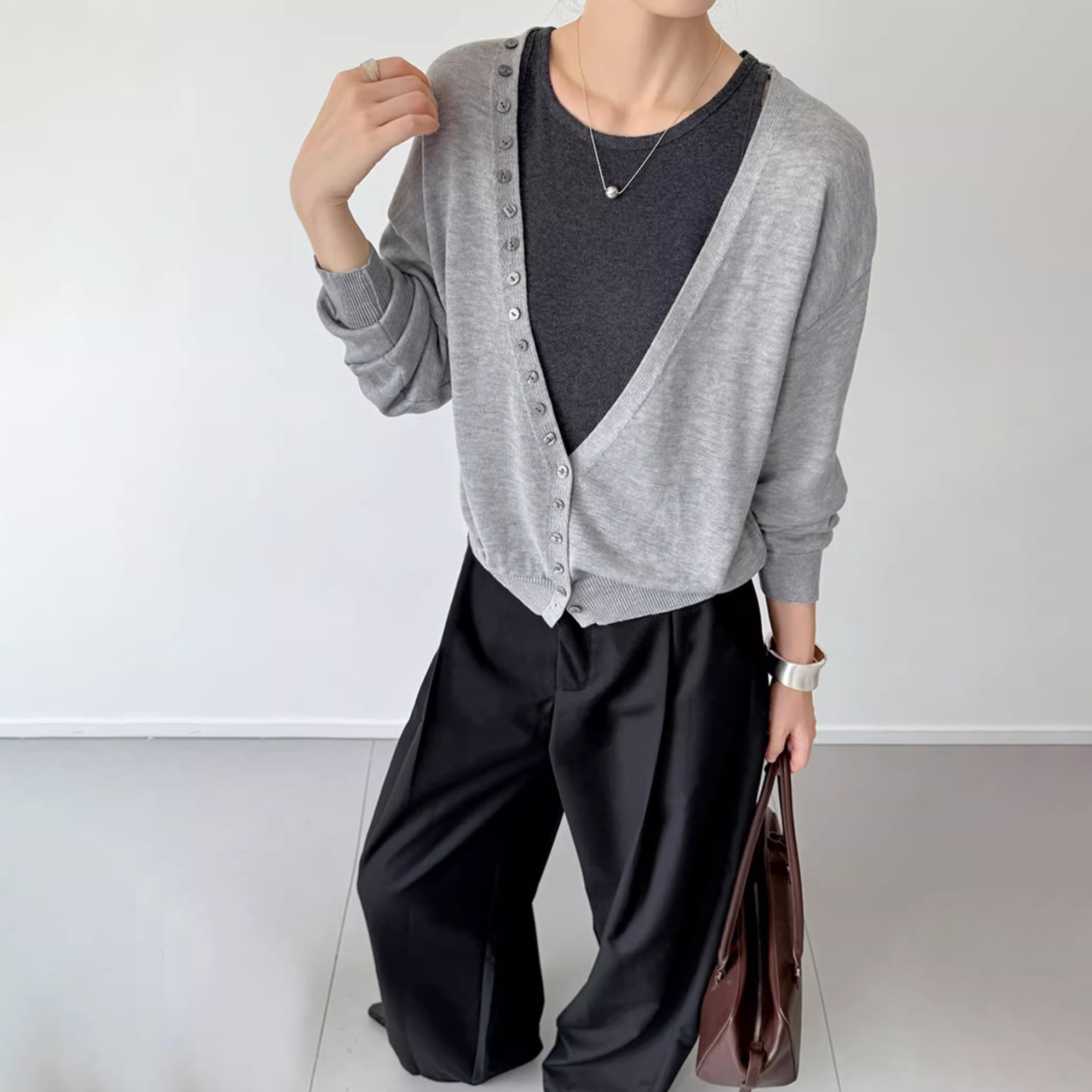 knit deep v-neck cardigan & sleeveless top set 13913