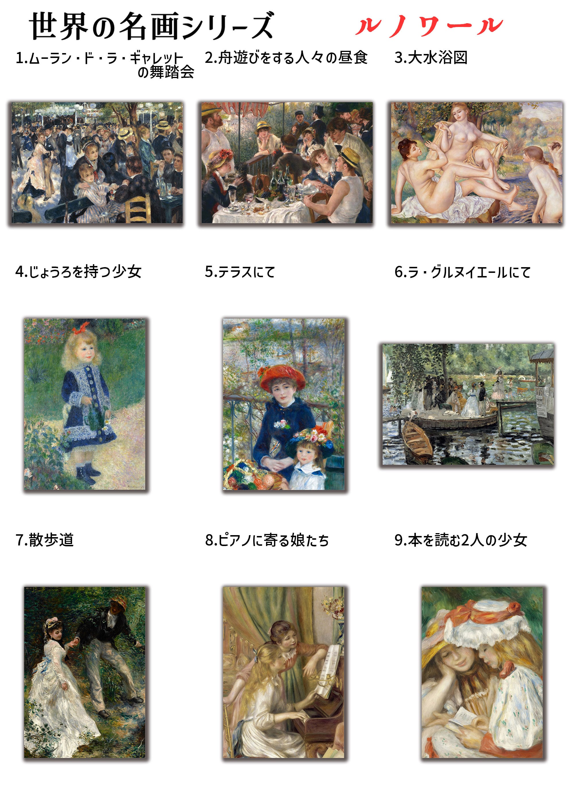 アートポスター モネ　ルノワール　人気作品　11点　ポスター アートポスター モネとルノワールの人気作品11点を1枚のポスターに収録