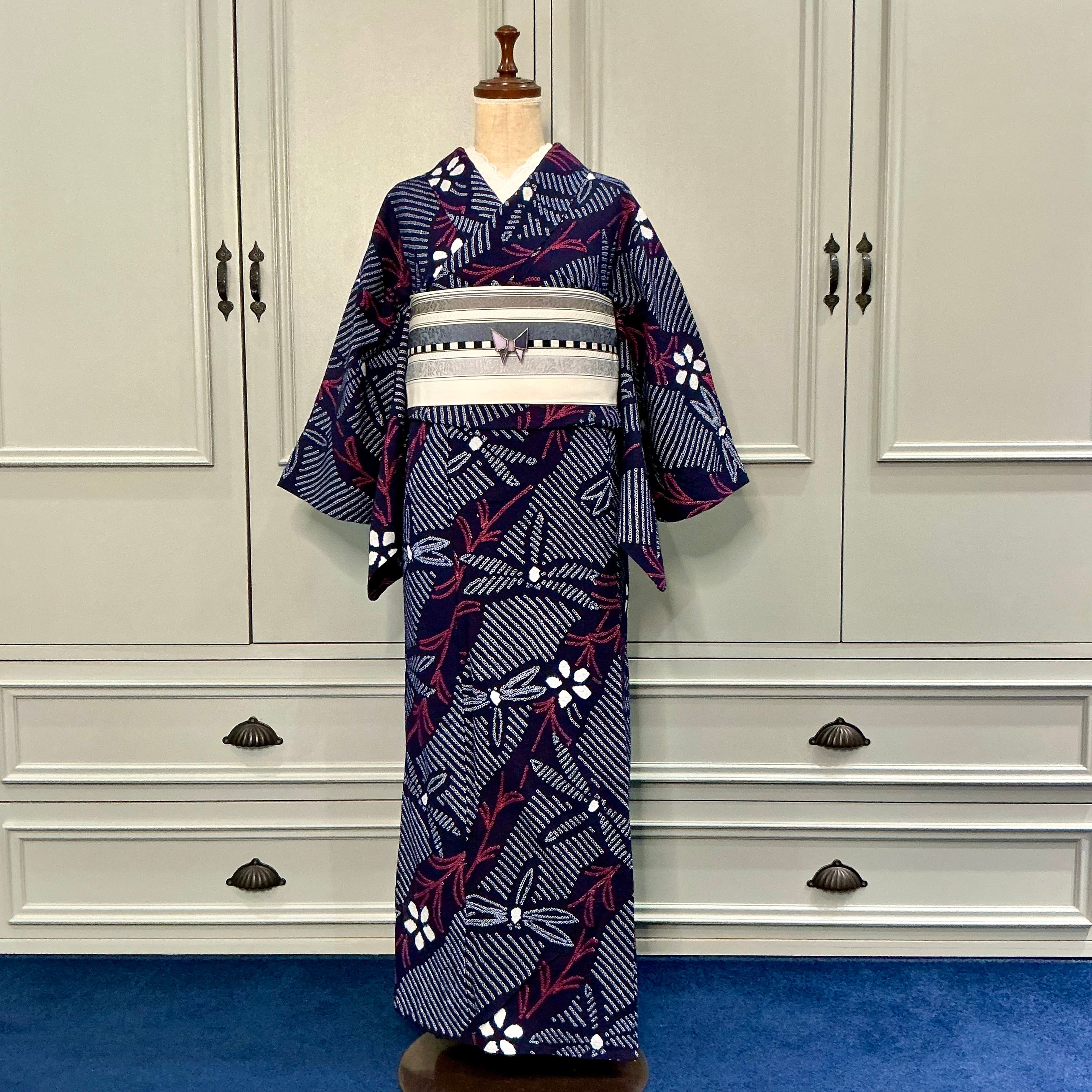 Japonisme Riverside＊とんぼ 花 藍 紺 ネイビー 大人浴衣 有松鳴海