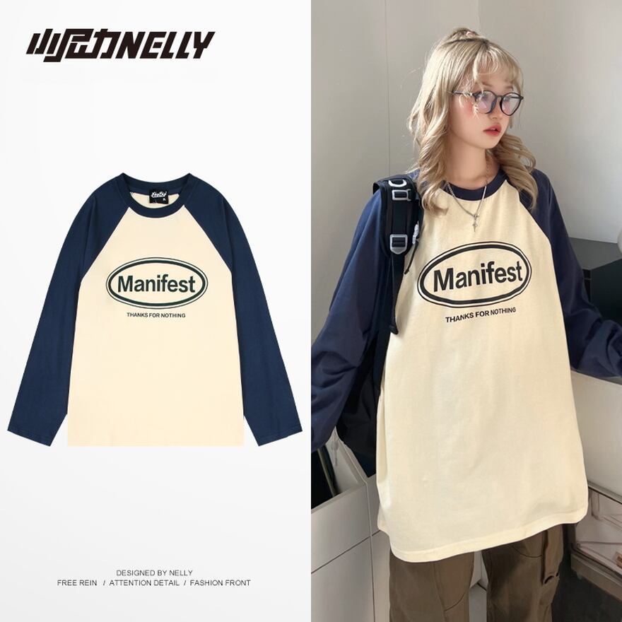 サブカル 服 地雷系 通販 早春 長袖 Tシャツ コットン バイカラー ユニセックス プリントロゴ ストリート系