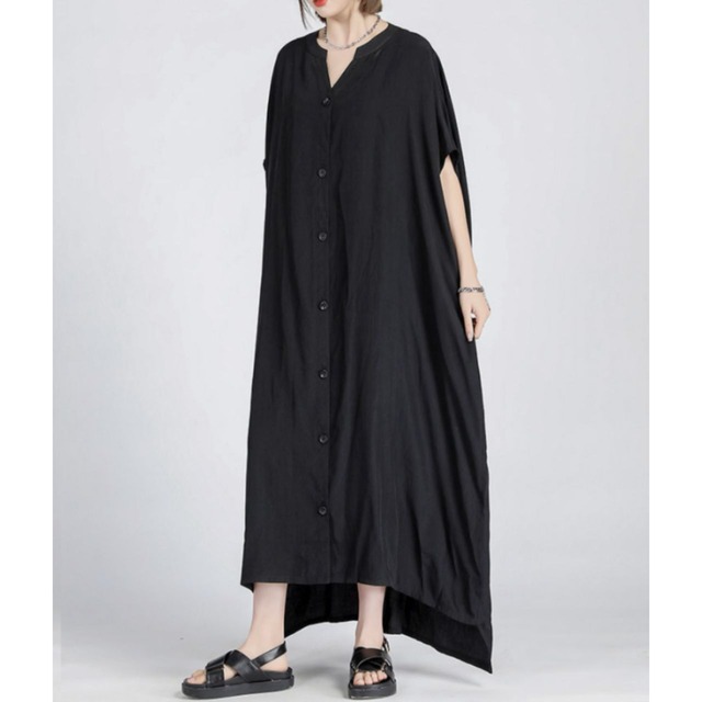 Button front drop shoulder long shirt dress C1079