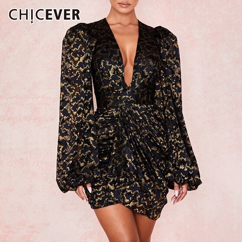CHICEVERヒットカラーアシンメトリーレディースドレスVネックランタン長袖ウエストシャーリングドレス2020タイド ロング 6base514633661117
