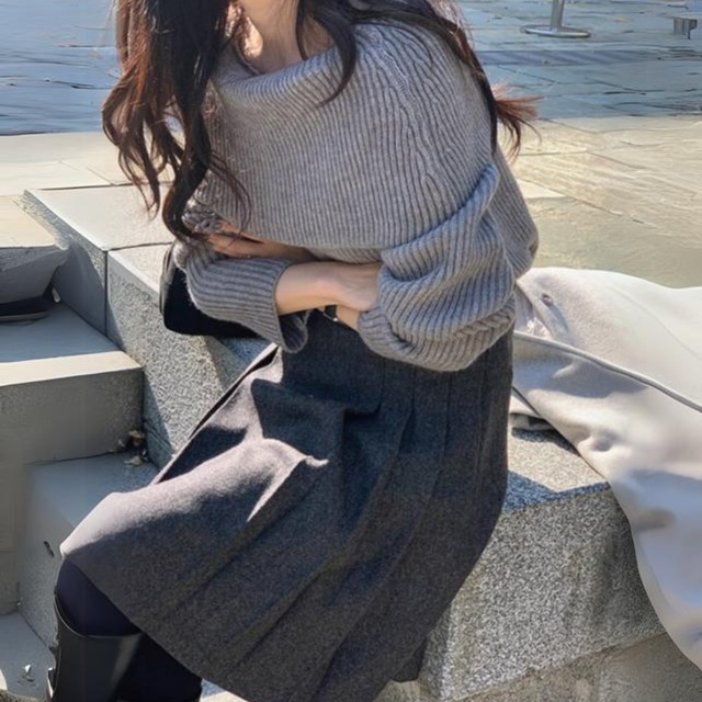 High waist elegant pleats middle wool skirt