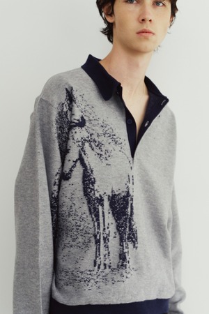 Reversible Jacquard Polo Knit / NAVY