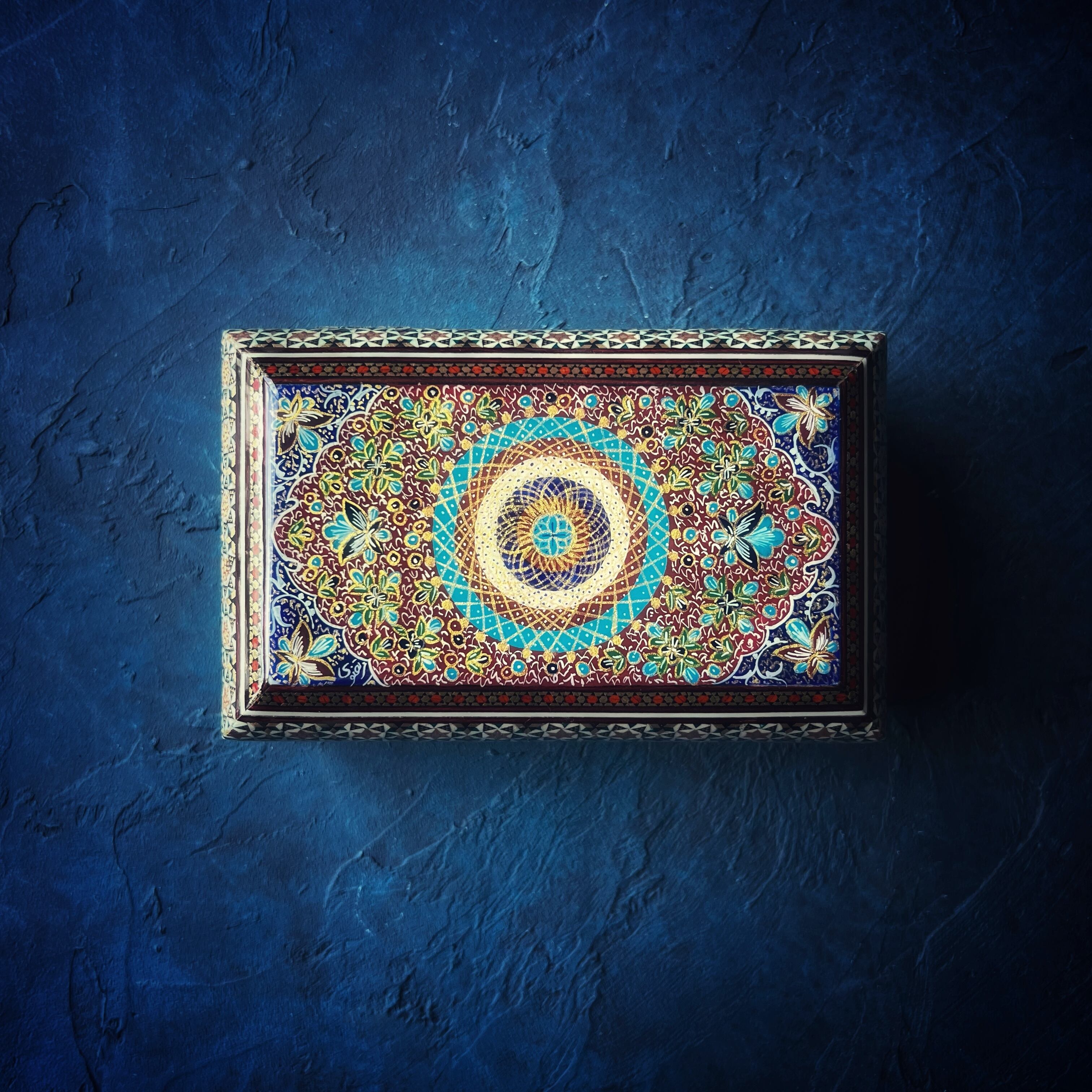 象嵌細工（ハータムカーリー）小箱 長方形 16cm レッド × ネイビー