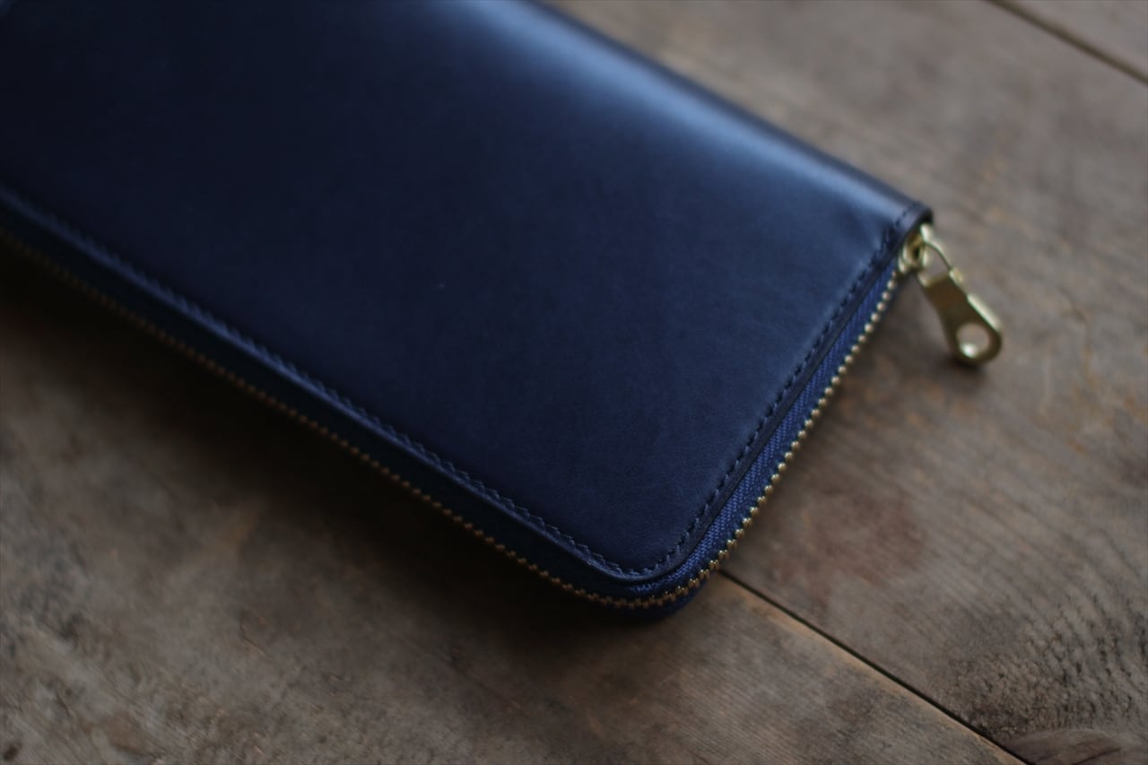 藍染革[migaki] ×オイルレザー ラウンドファスナー長財布 | enku