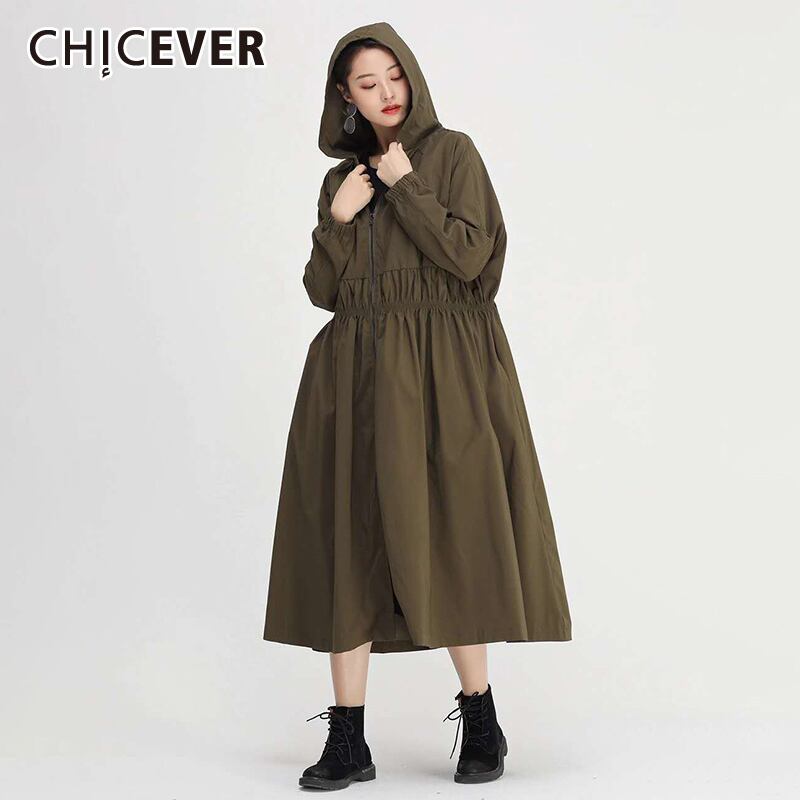 CHICEVERルーズトレンチ女性フード付き長袖ウエストシャーリングブラック特大トレンチ2020服 ロング 6base555477189887