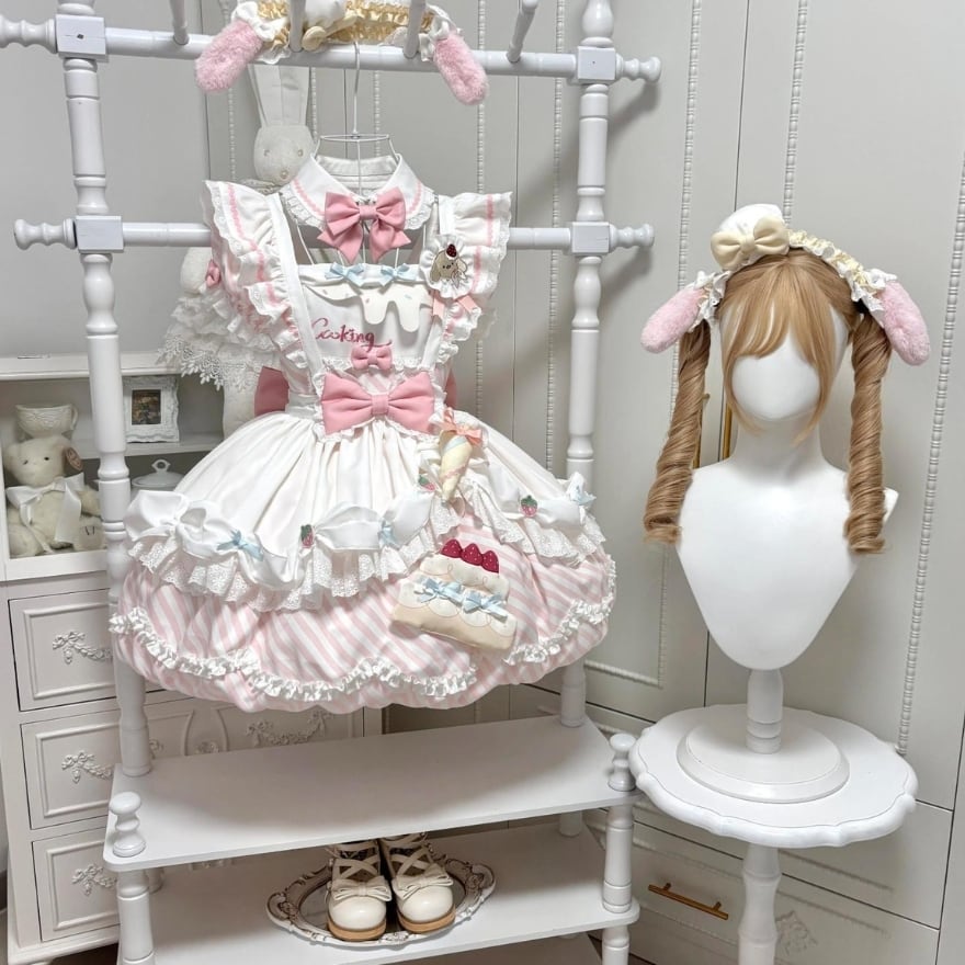 甘ロリ ケーキモチーフエプロン付きロリータワンピース8点セット