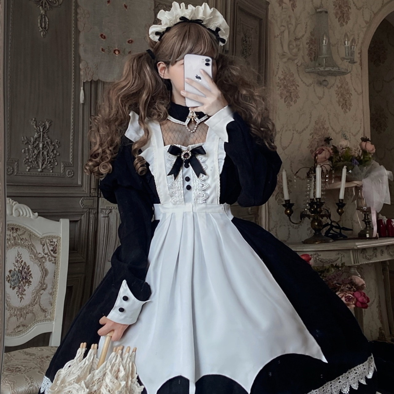 メイド服 ワンピース 半袖 クラシカル ロング丈 メイド 定番 