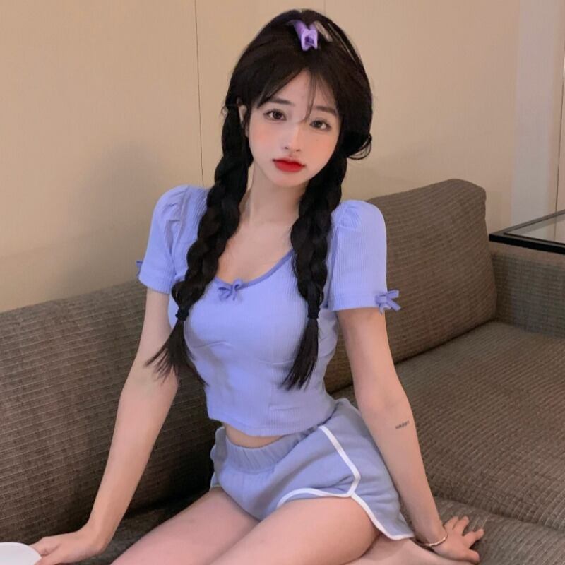 リボンTシャツ サマーショートスリムハイウェストウェスト半袖スリーブトップス ハーフスリーブ 大人ガーリー スウィート キュート カジュアル 夏物 YY-ファッション80352702968