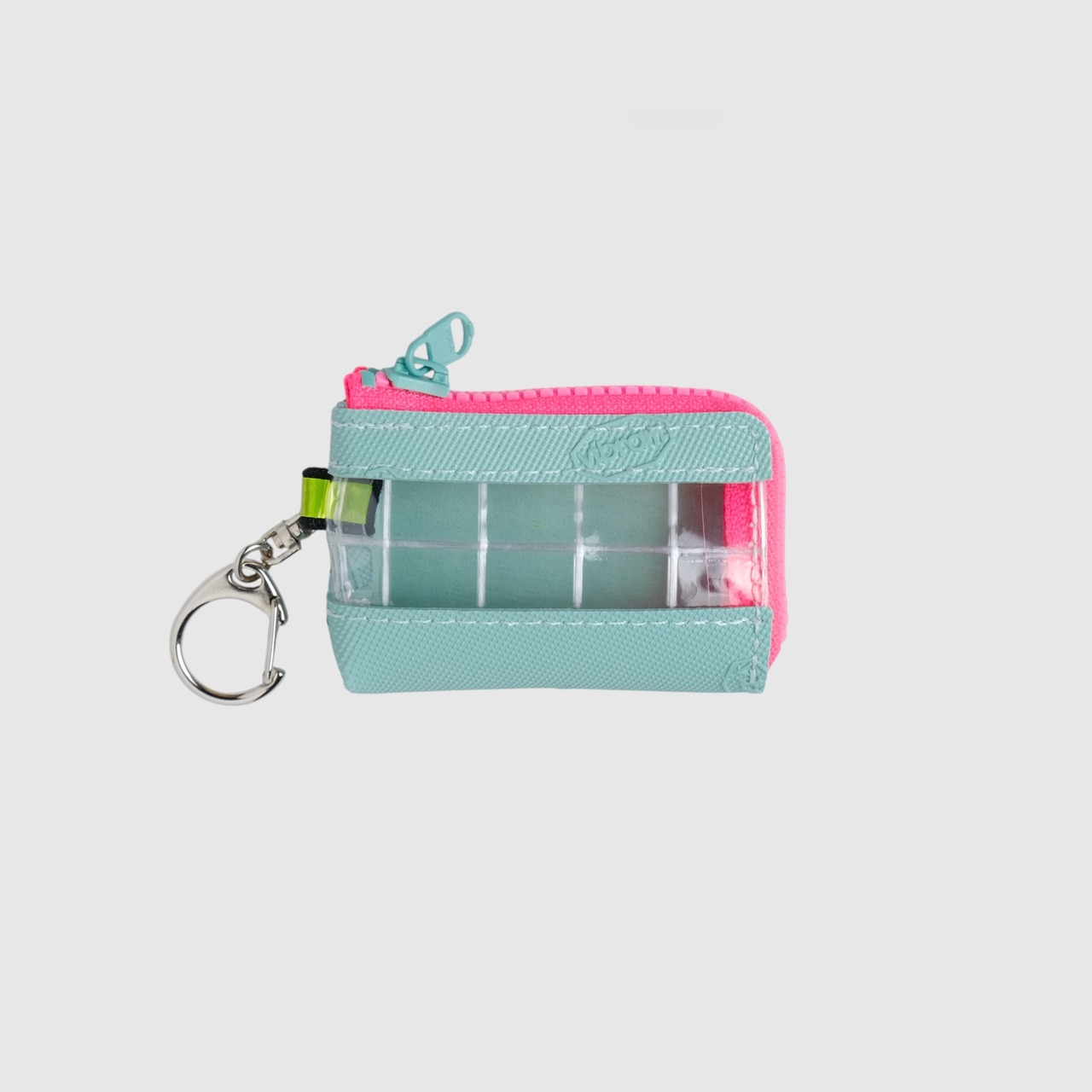 vibram coin pouch keychain (mint×clear) with pink glowing zip