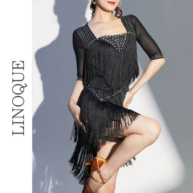 ビジューフリンジデザインラテンドレス 3color 【L00105】