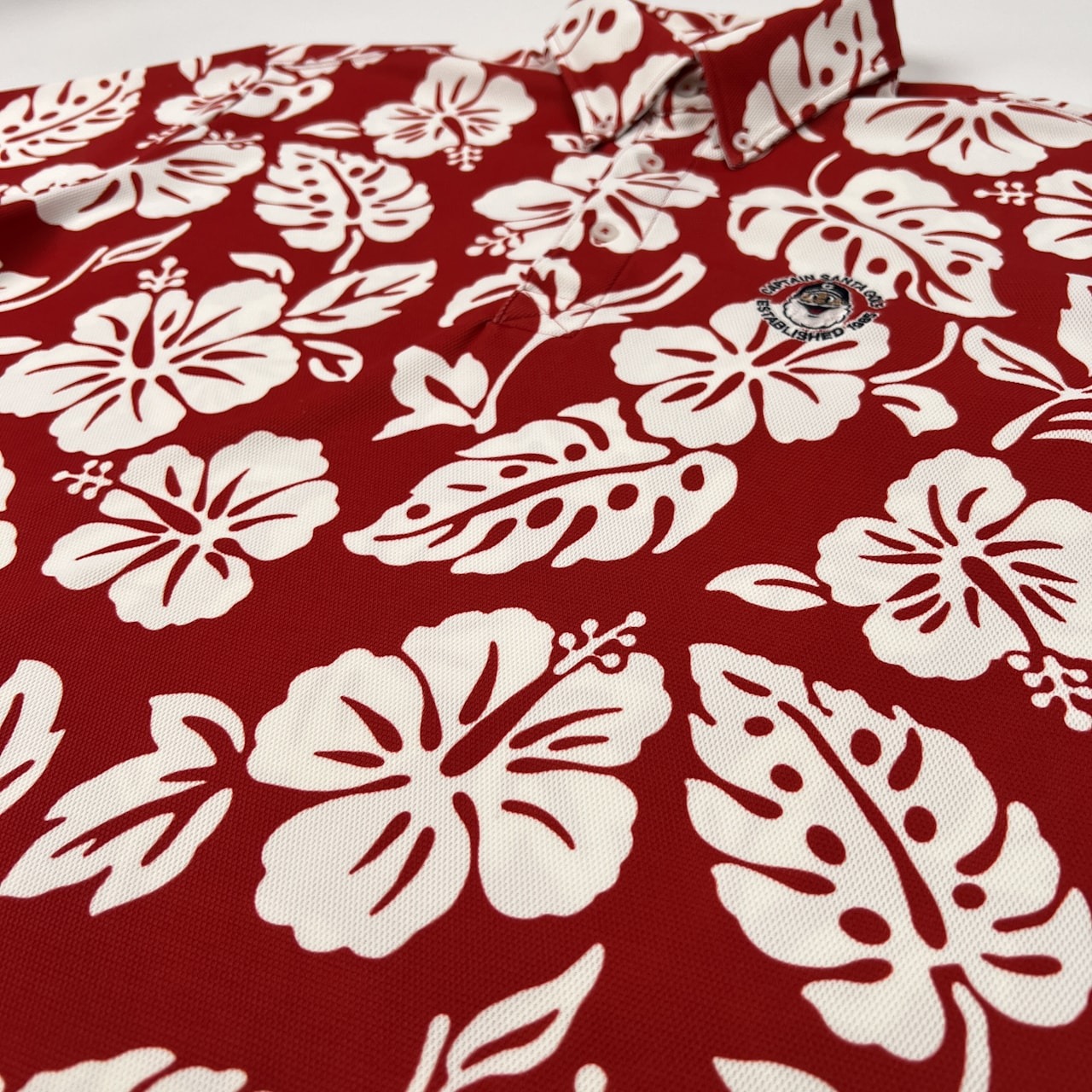 CAPTAIN SANTA キャプテンサンタ GOLF CLUB ハイビスカス 総柄 BD 半袖 メッシュ ポロシャツ サイズ XL /レッド×ホワイト/メンズ/ゴルフ/日本製