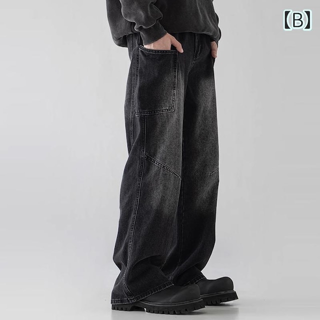 デニムパンツ メンズ 個性的 ステッチ カッコイイ ジーパン ジーンズ ズボン 韓国風 男性用 ブルー ブラック サイドポケット 大きいサイズ ワイド ルーズ ストレート アメリカン ヴィンテージ風 韓国男子 かっこいい こなれ感 ポップ ロック シック