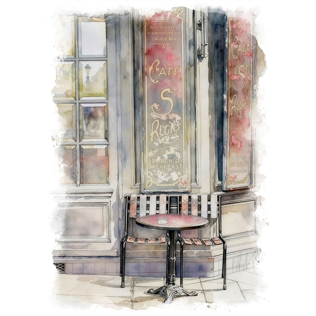 絵画 フランス 風景画(街並み)  パリのカフェ インテリアアート額付き 水彩画・油絵調 WAT0476