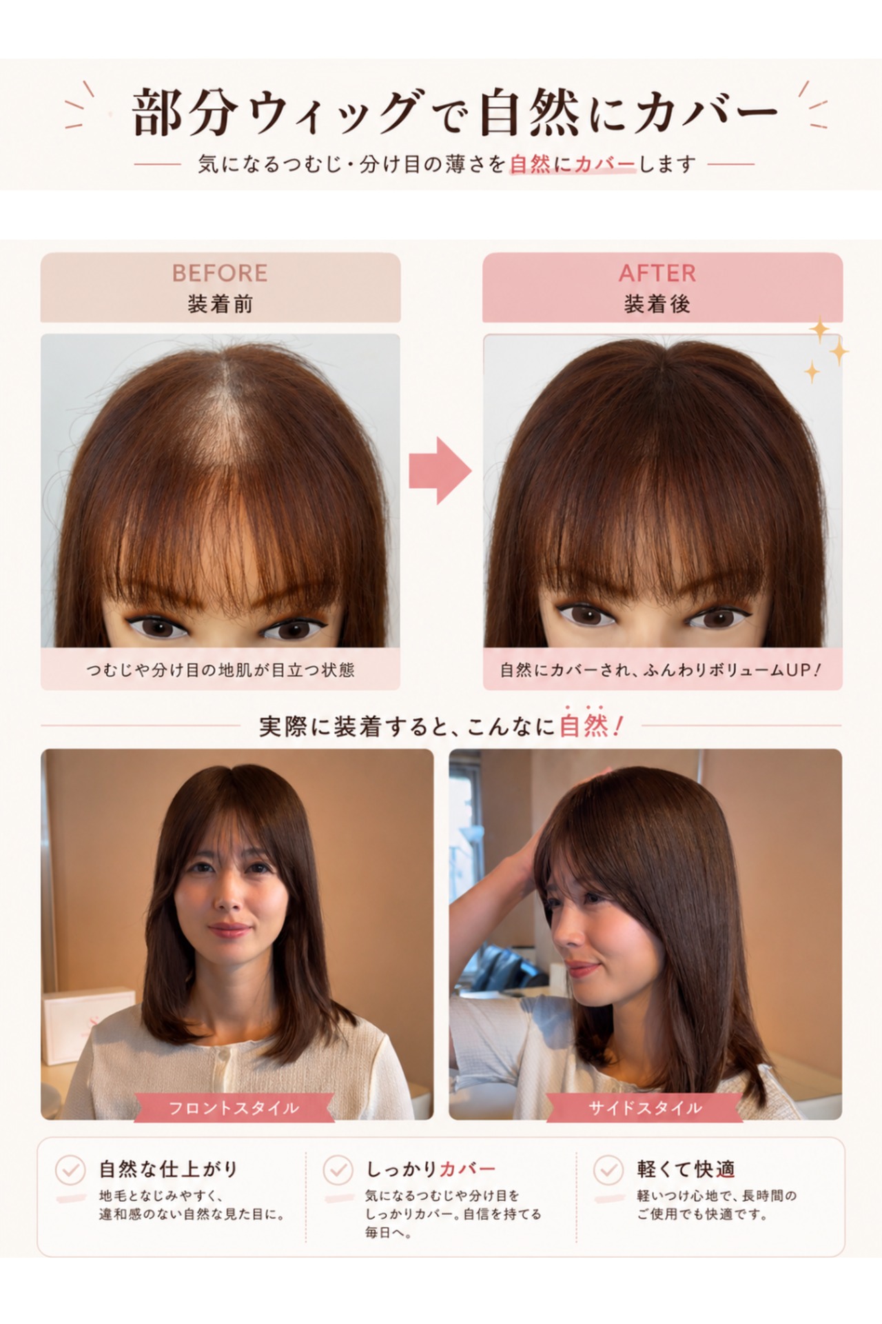 商品名【モカ】人毛部分ウィッグ