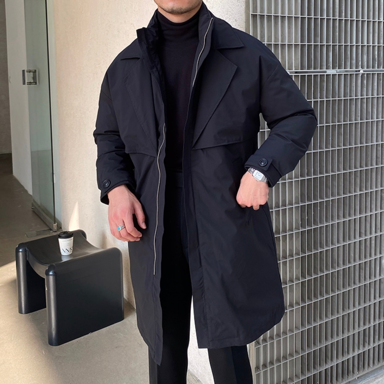 フェイクレイヤードホワイトダックダウンコート カーキベージュ