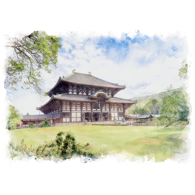 絵画 風景画(街並み) 日本 奈良県 東大寺 インテリアアート額付き 水彩画・油絵風 WAT1514