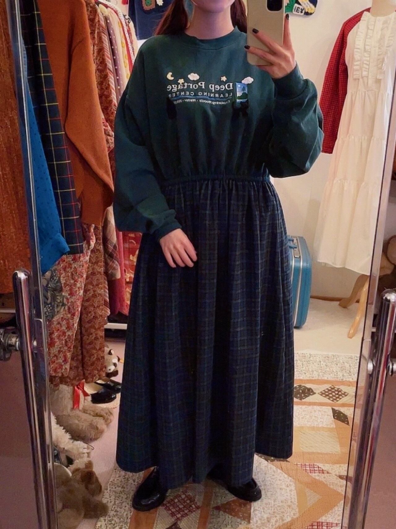 remake / cat walking night green check one-piece