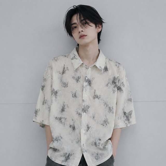 Butterfly design sheer short sleeve shirt 0003