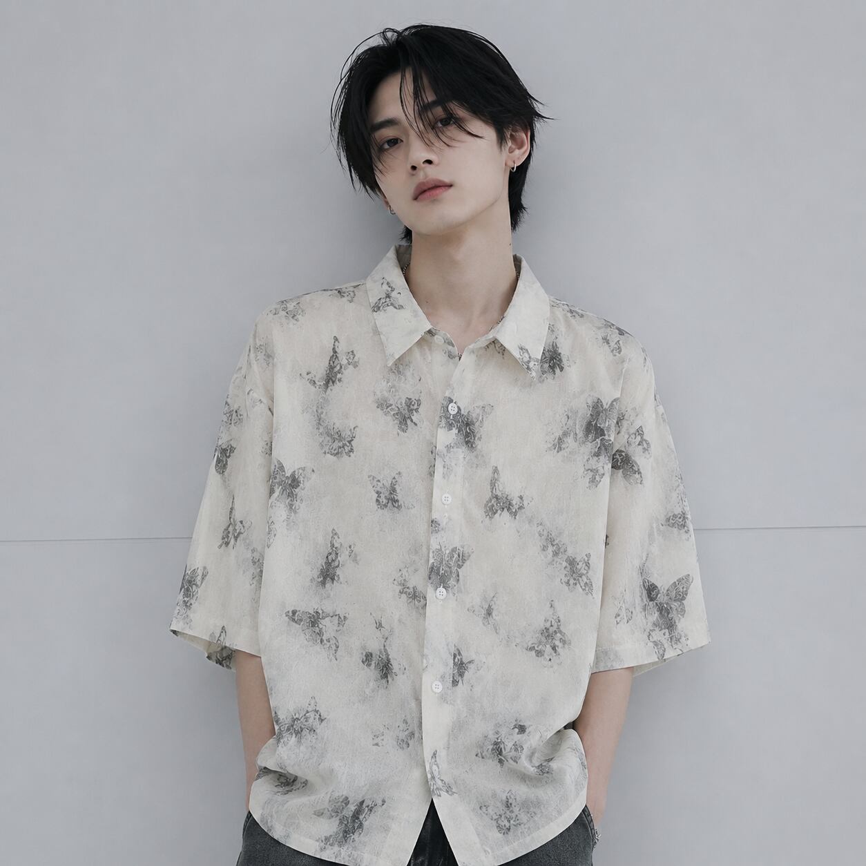 Butterfly design sheer short sleeve shirt 0003