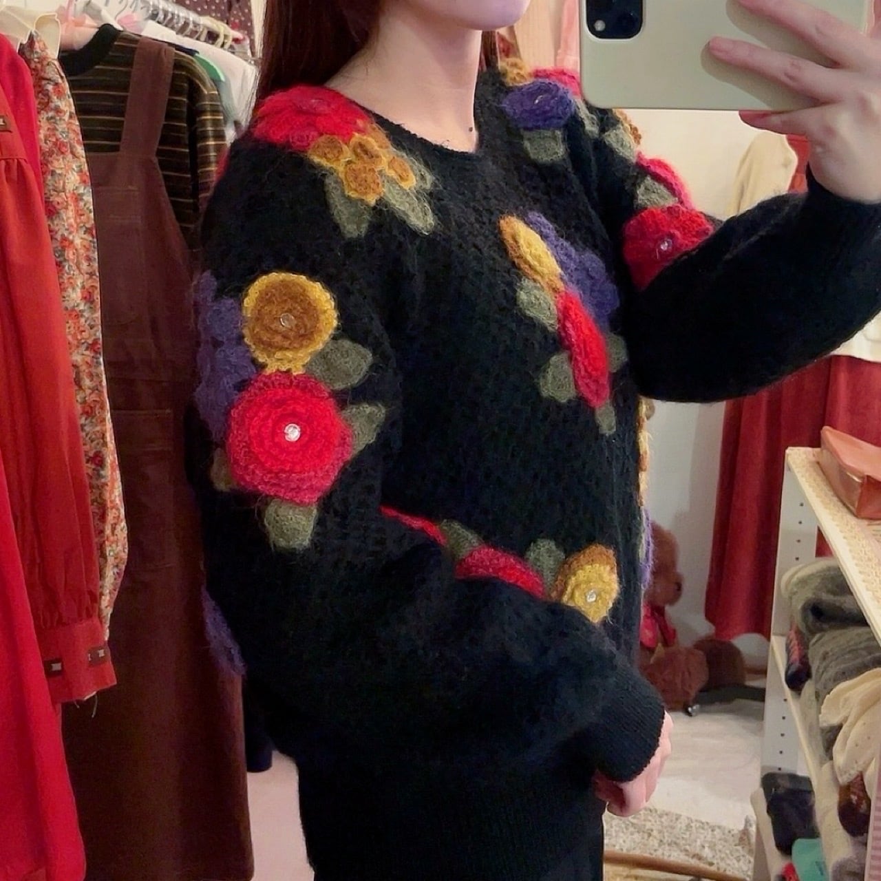 colorful flower stone mesh knit sweater