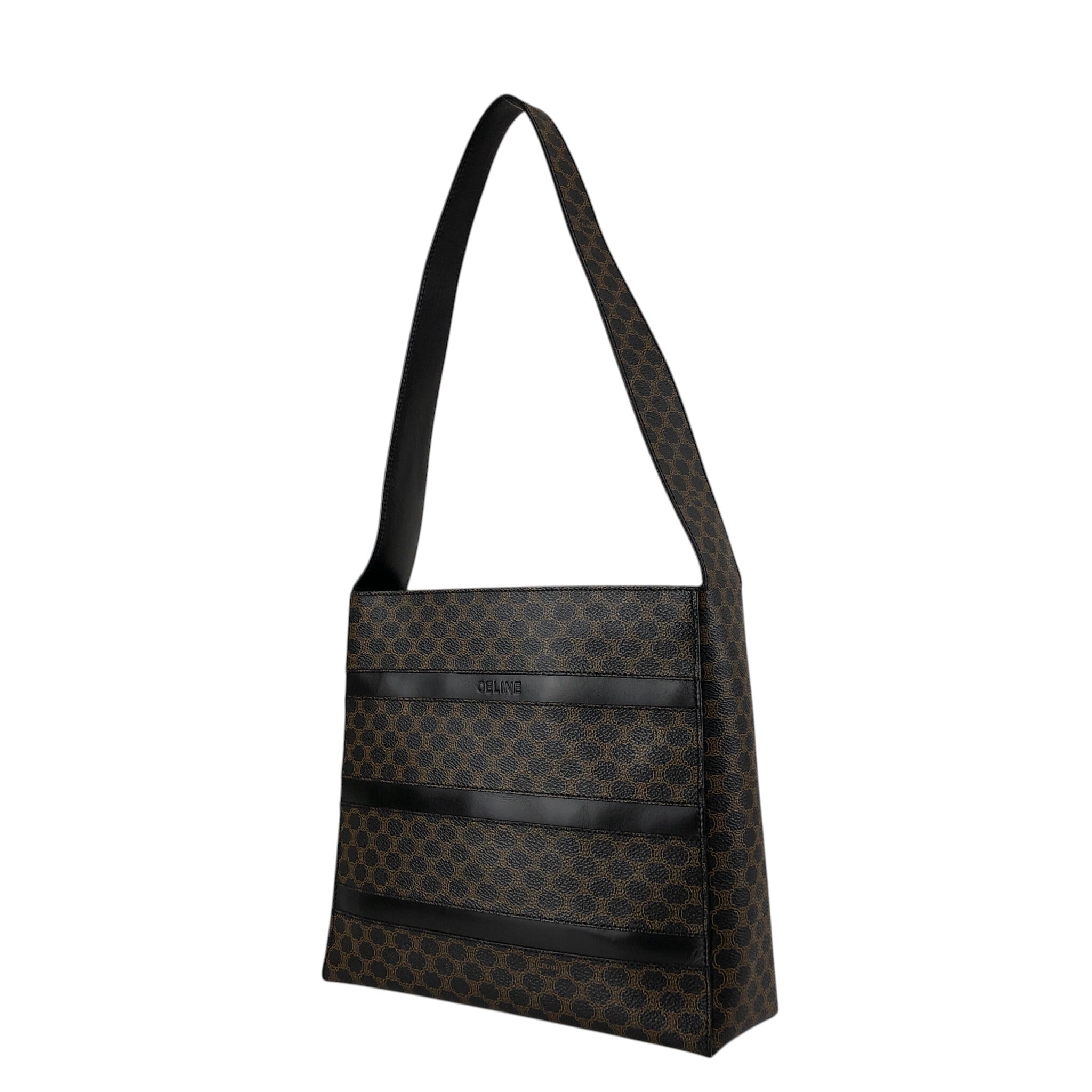 美品 CELINE セリーヌ トートバッグ 黒マカダム 肩掛け PVC ブラック CELINE セリーヌ マカダム ショルダーバッグ ブラック ロゴ ボーダー