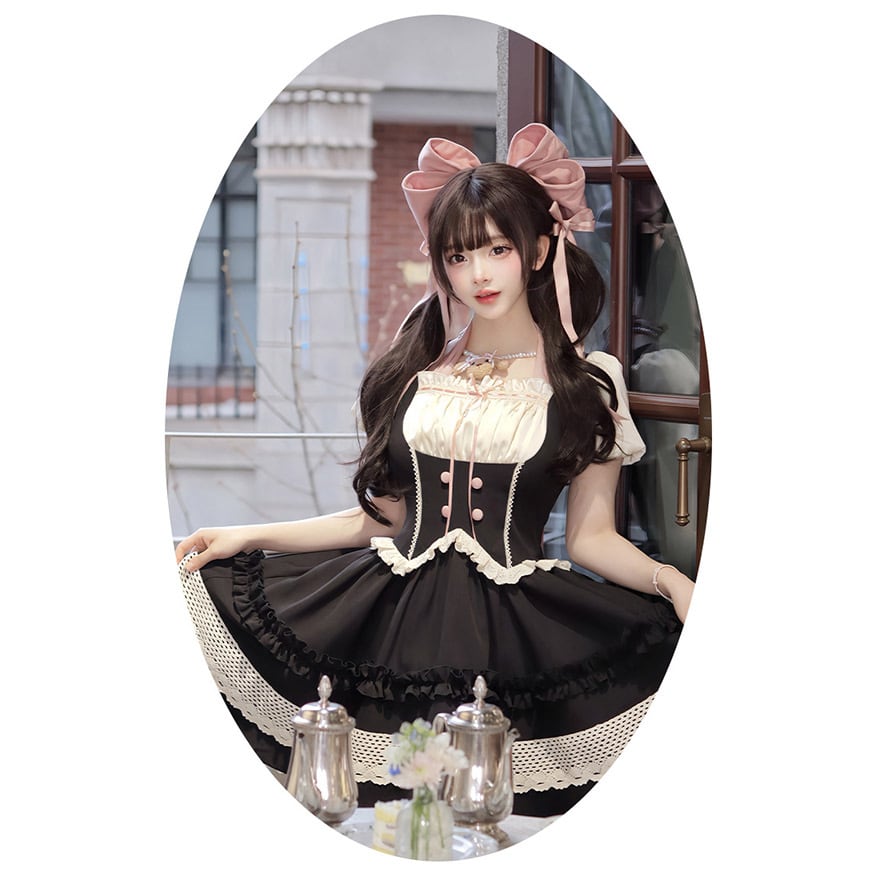 ワンピース メイド風 パフスリーブ フレアスカート フリル レース