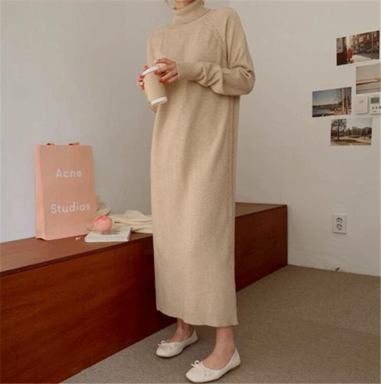 スタイルアップ効果も 暖かい 厚手 ニット ワンピース タートルネック ロングセクション セーター