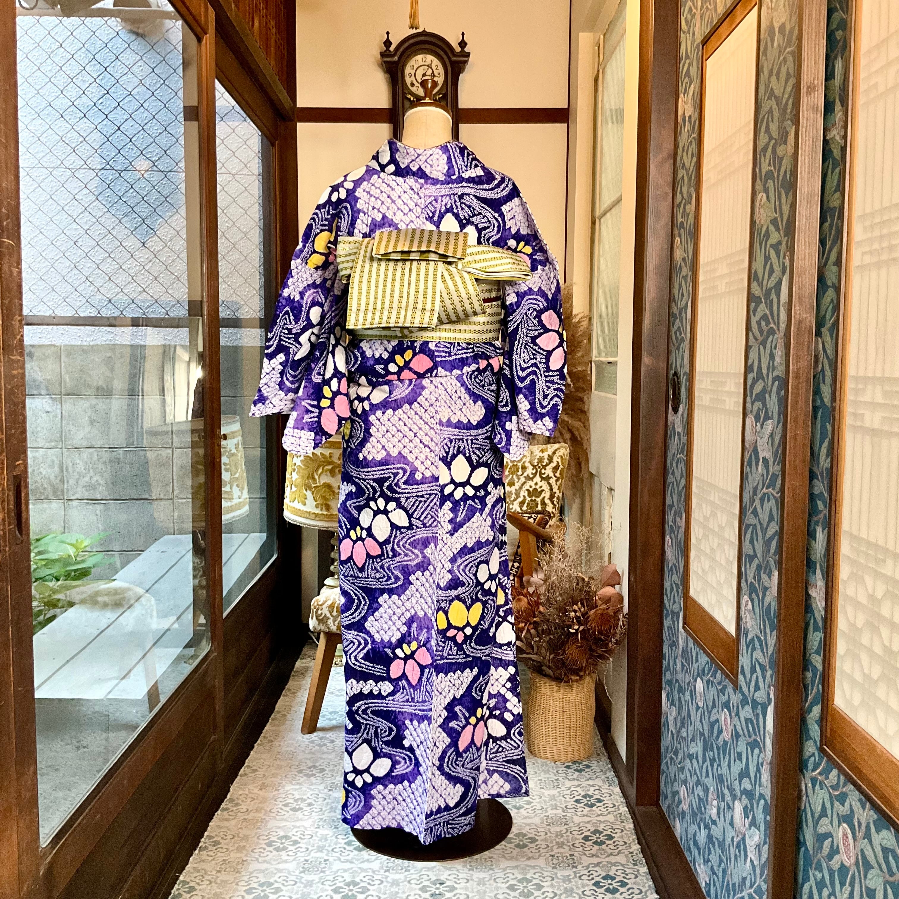 有松鳴海絞り　絞りの浴衣　紫にアヤメ　セミアンティーク　菖蒲 long＊Retro Iris＊花 あやめ 紫 有松鳴海絞り浴衣 B654 | kimono tento