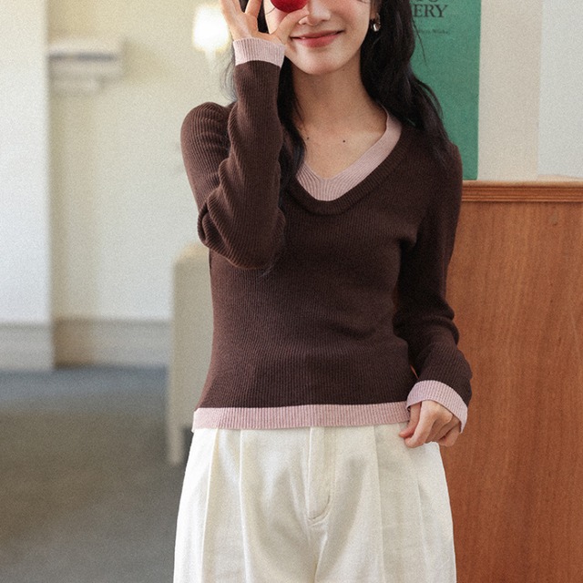 v-neck contrast rib knit　J00382