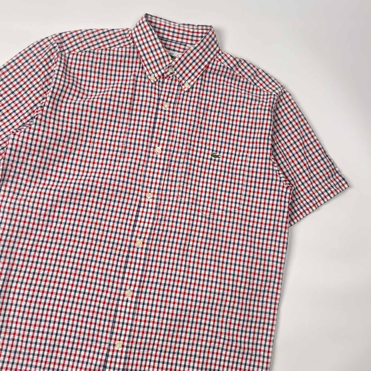 80s LACOSTE ラコステ 文字ワニ チェック BD ボタンダウン シアサッカー 半袖シャツ 3/レッド×ブルー メンズ ビンテージ 大沢商会