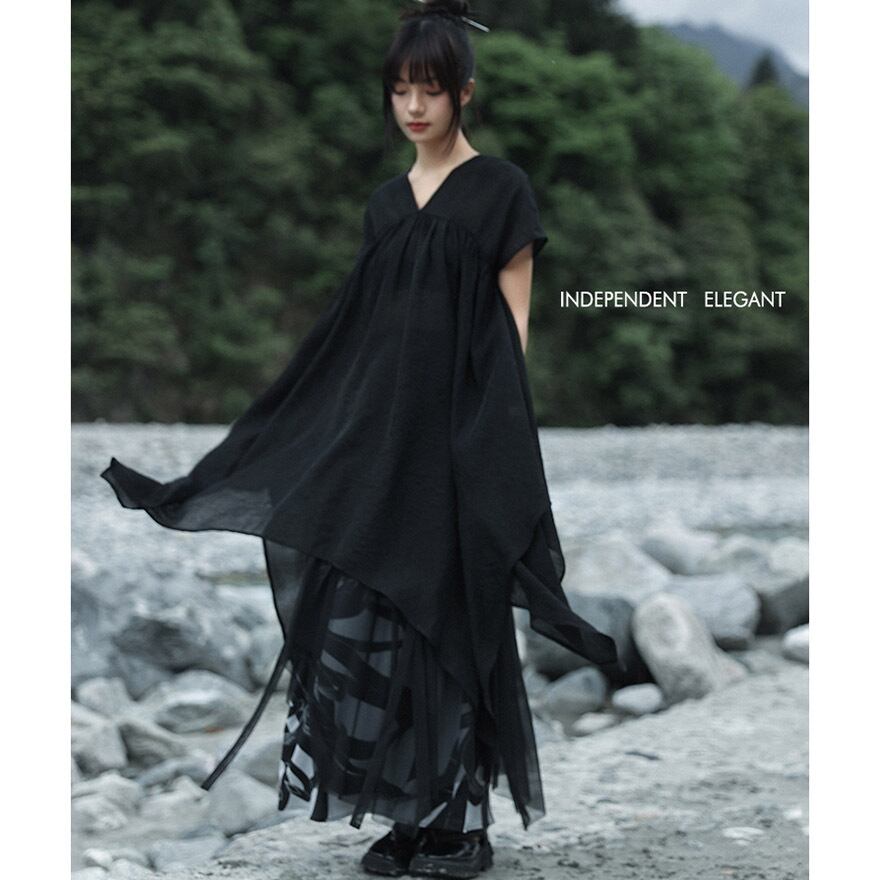 中華ゴシック チャイナ服 中華服 レトロ プリントスカート レイヤード シフォン 大青龍肆 夏服 20代 30代ファッション