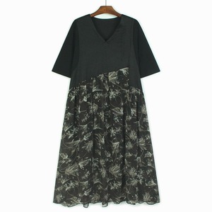 FLORAL PRINT V-NECK ASYMMETRIC MIDI DRESS M-17551