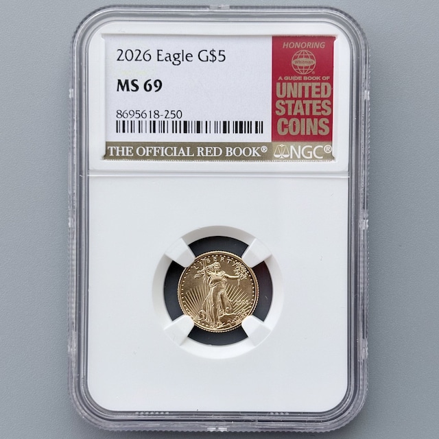 2026年 アメリカンゴールドイーグル金貨 5ドル 1/10オンス オフィシャルレッドブック特別ラベル NGC MS69 American Gold Eagle #204
