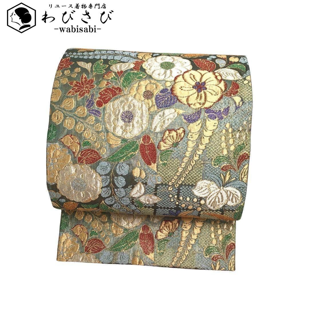 袋帯 煌びやかで鮮やかな辻が花模様 金糸 山葵色 O-3387 袋帯 袋帯 煌びやかで鮮やかな辻が花模様 金糸 山葵色 O-3387 煌びやか