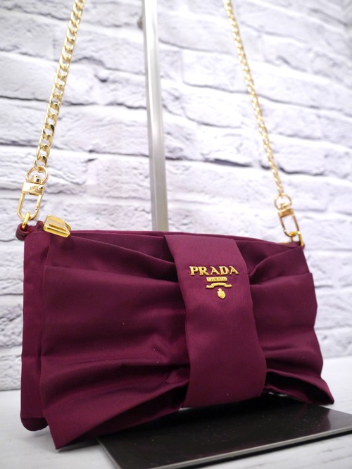 美品◆PRADA プラダ ビッグリボンデザイン ナイロン クロスボディ チェーンストラップ ショルダー バッグ ポシェット ポーチ ボルドーx金◆