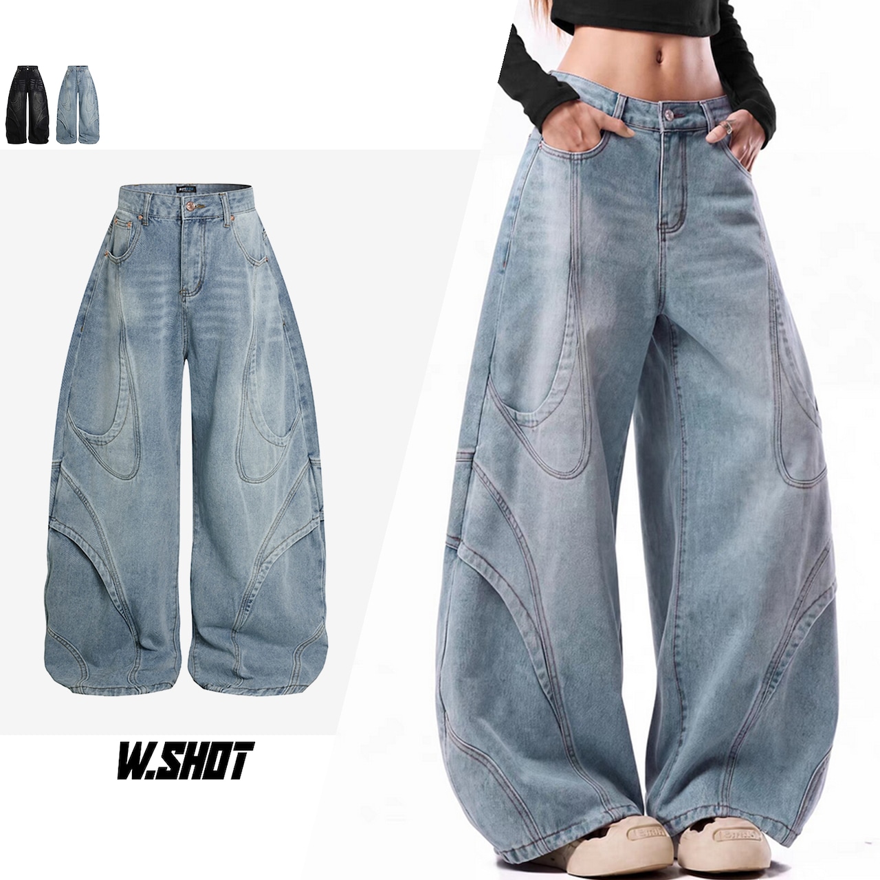 VINTAGE ストリート アーク切替 ワイドデニムパンツ P464