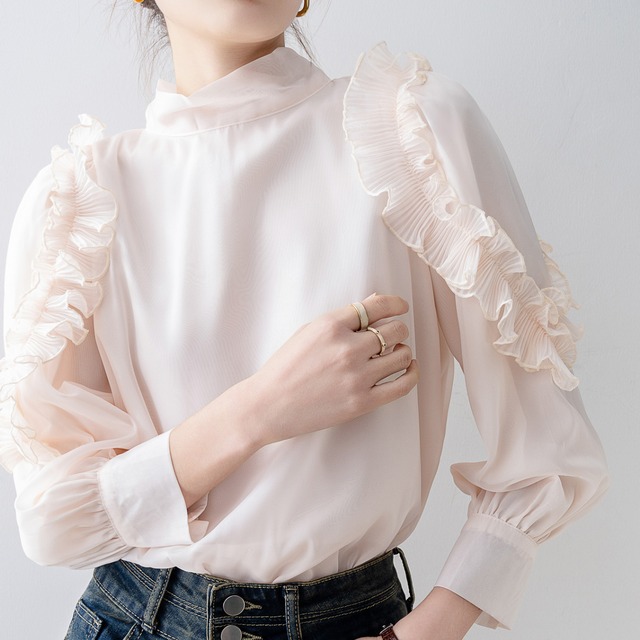 プリーツ ショルダーフリル トップス