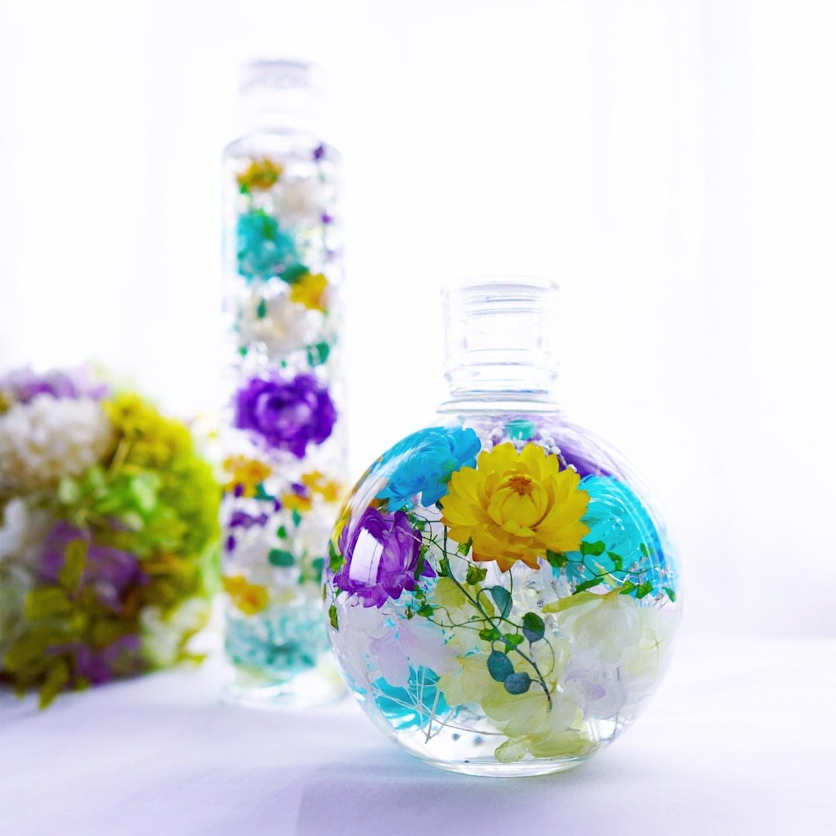 ハーバリウム 球体ボトル（L）イエロー×グリーン×パープル | YODEL-GARDEN 