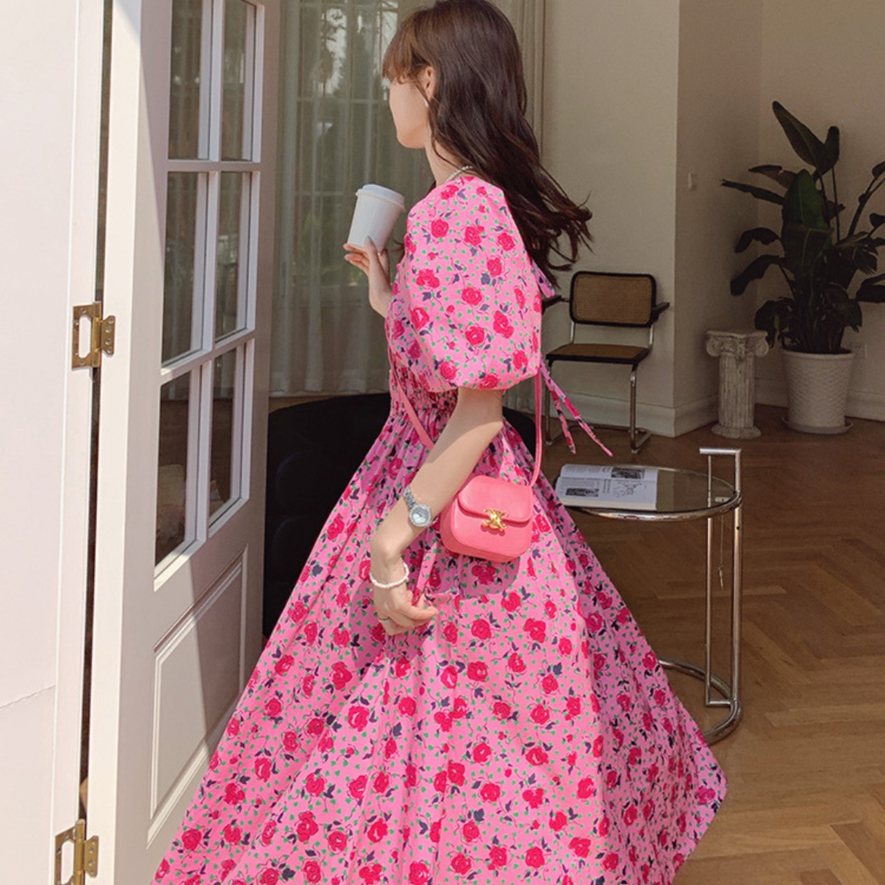 Square Neck Puff Sleeve Floral Dress 5091