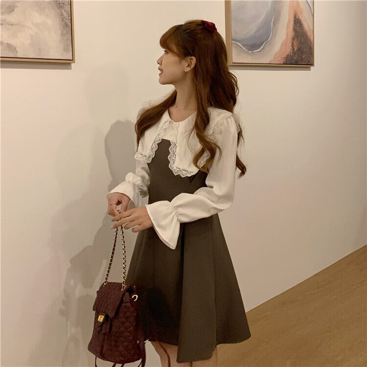 送料無料 ナチュかわ 大襟デザイン ガーリー キャンディスリーブ ドッキング ワンピース デート 会食 女子会 Lamitte Deco トレンド 韓国ファッション ショップ Base店