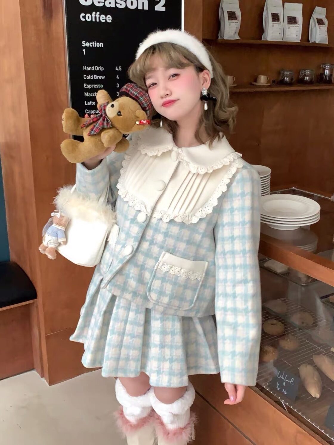 スカート】プリーツスカート 水色 チェック セットアップ ワンピース 