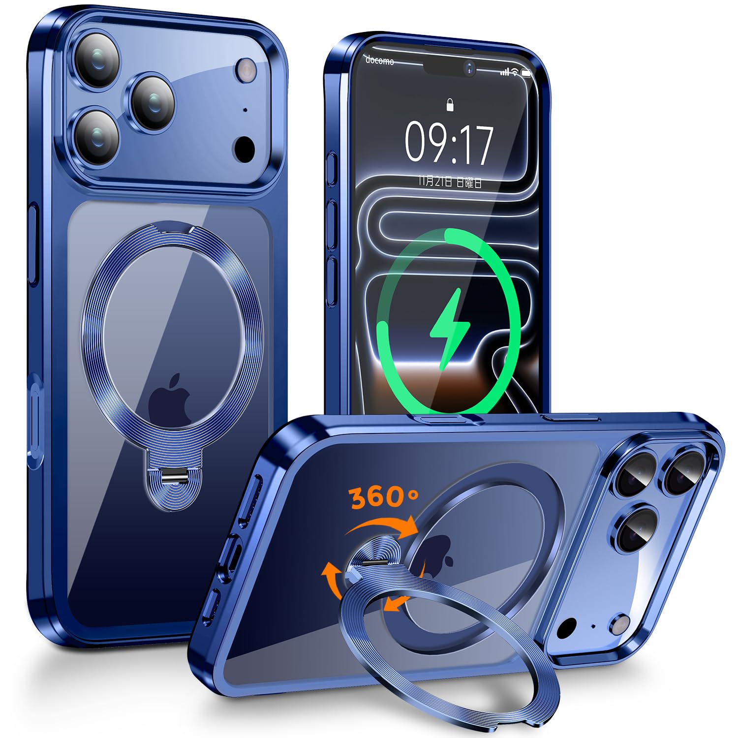 【360°回転スタンド・縦横両立】FONKCASE iPhone 18 / 17 Pro 用ケース Magsafe対応 CDリング (ディープブルー)