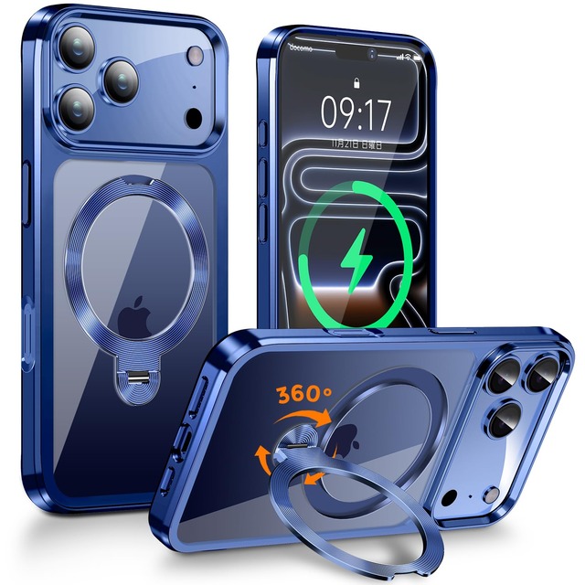 【360°回転スタンド・縦横両立】FONKCASE iPhone 18 / 17 Pro 用ケース Magsafe対応 CDリング (ディープブルー)