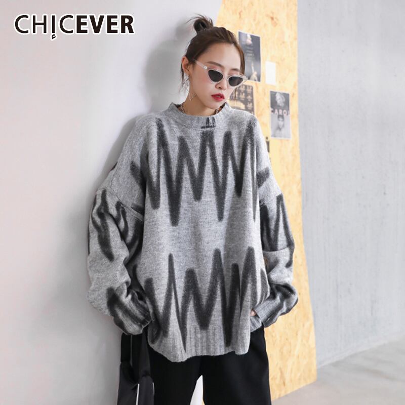CHICEVER特大セーター女性Oネック長袖プリントヒットカラールーズニットプルオーバーセーター2020 ロング 6base52175152031