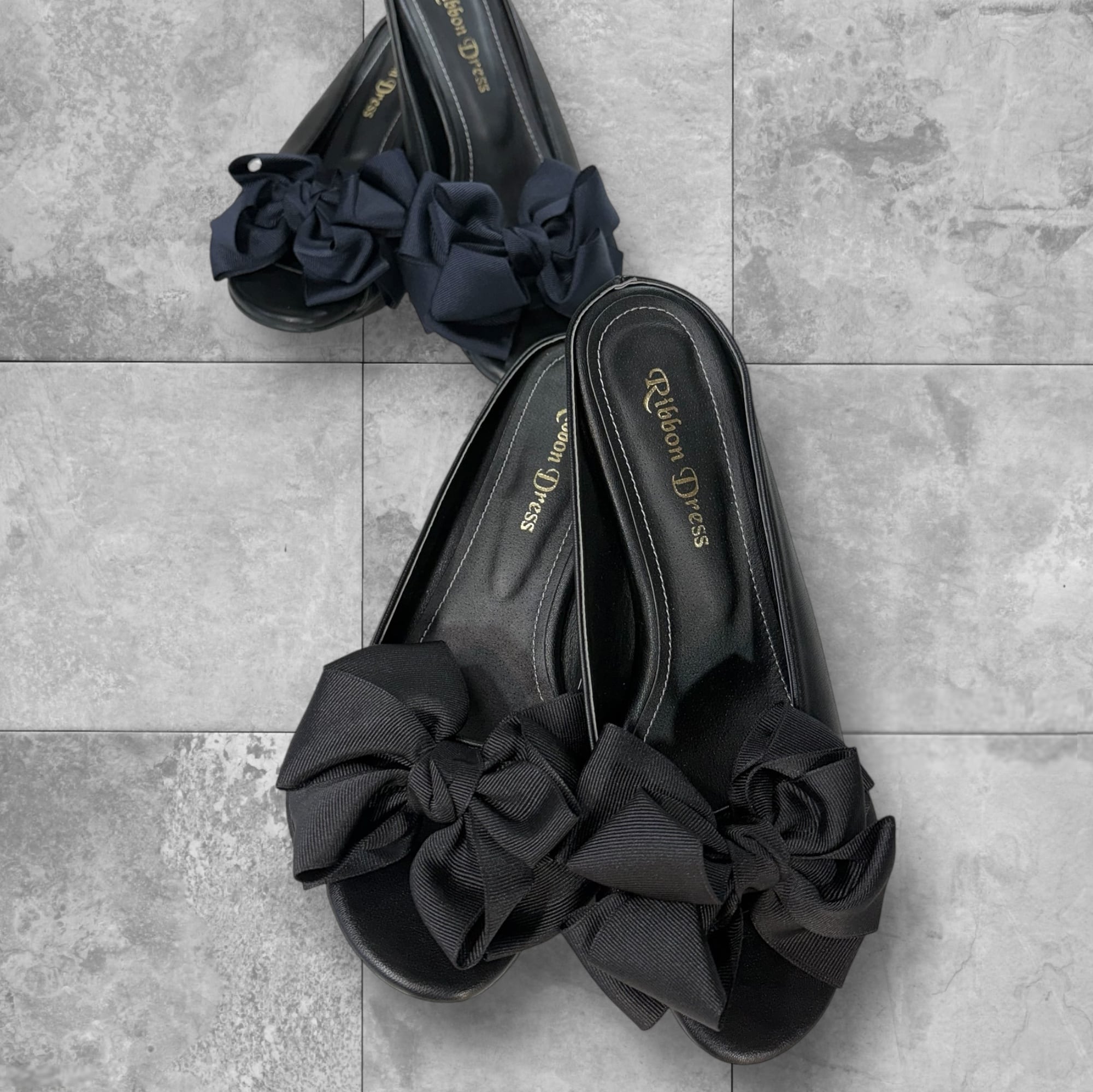 FINAL SALE★spg0003_om- 合皮オープントゥミュール【ブラック】グログラン・ツィストリボン