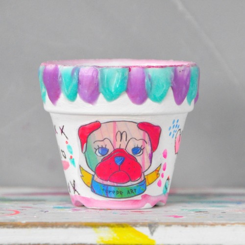 2号鉢 リメ鉢 オリジナルペイントポット 一点もの 植木鉢 多肉屋torepe わんこ 犬 パグ